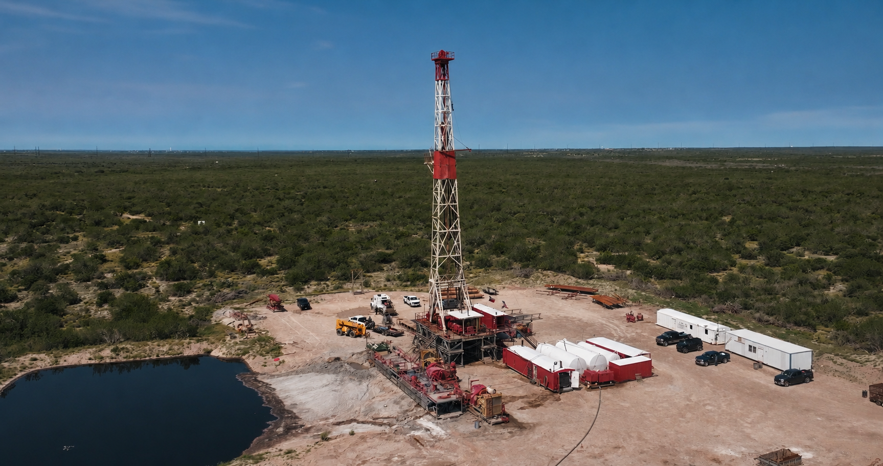 Aerial view of a Rise Drilling land rig and location in West Texas under a clear sky