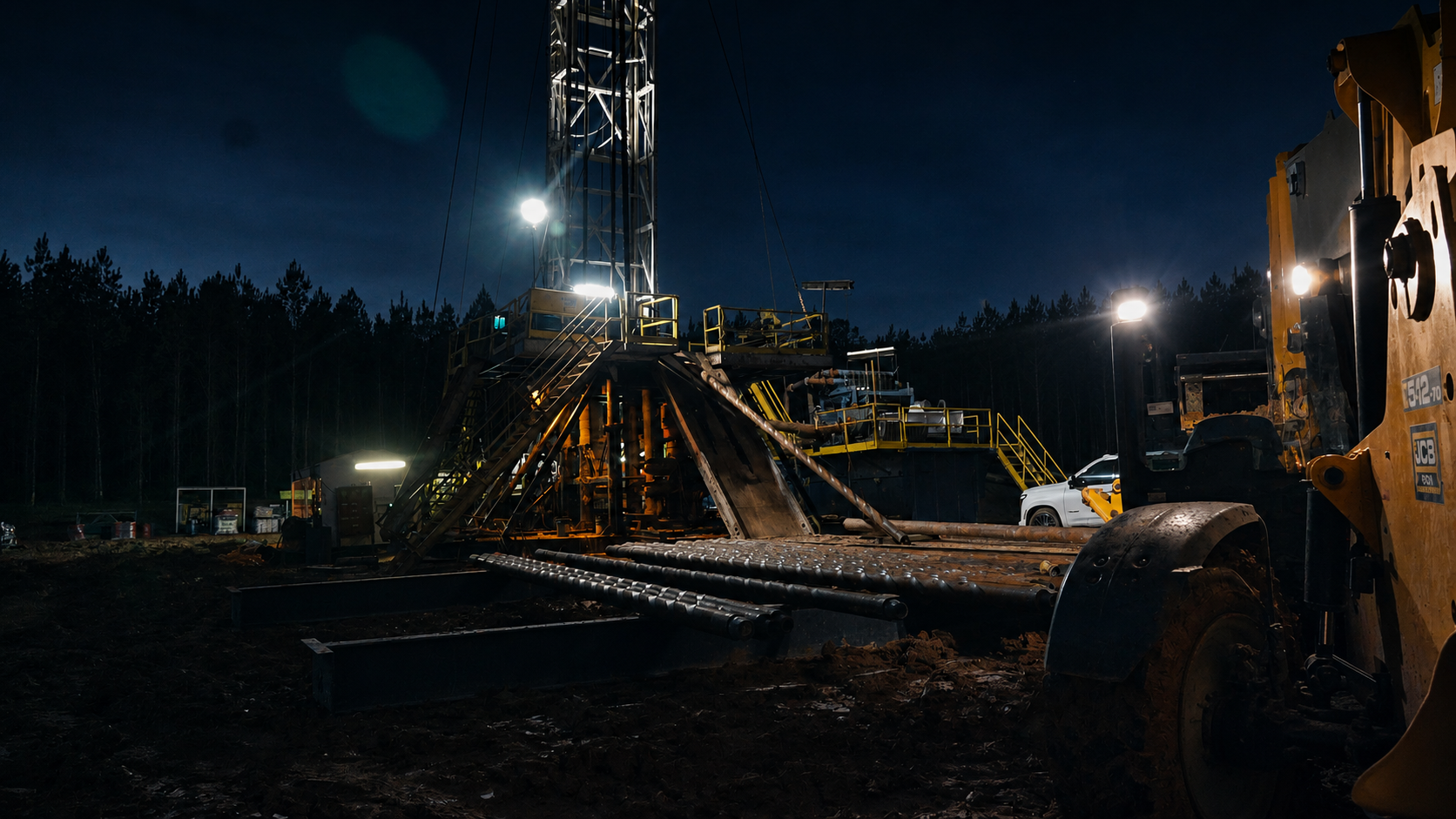 Rise Drilling rig lit up at night on location with pipe laid out on the racks