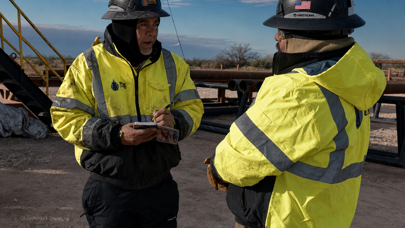 Two Rise Drilling crew members in high-visibility gear reviewing a job safety analysis on location