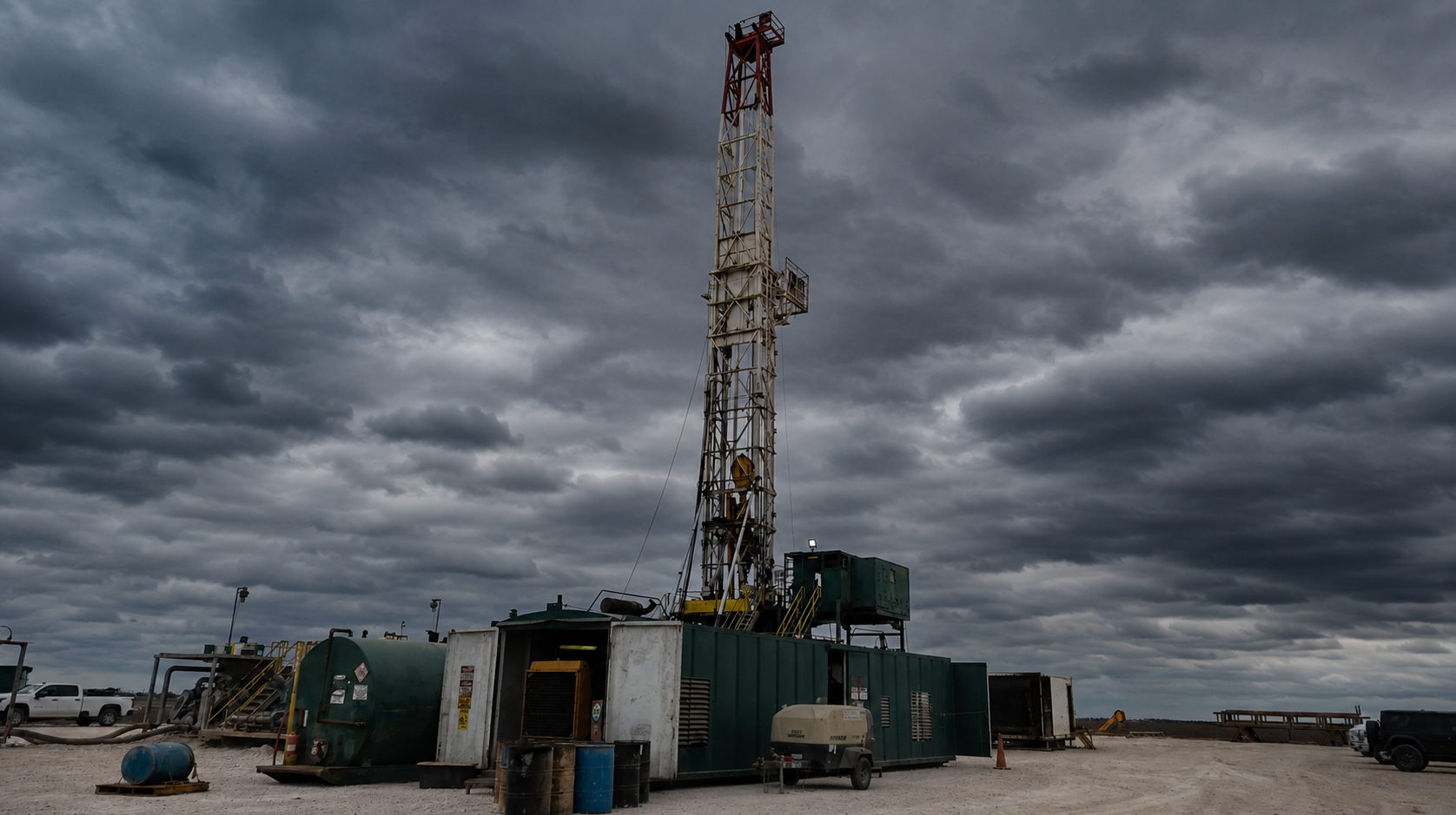 Rise Drilling rig and equipment on location under a dramatic storm sky